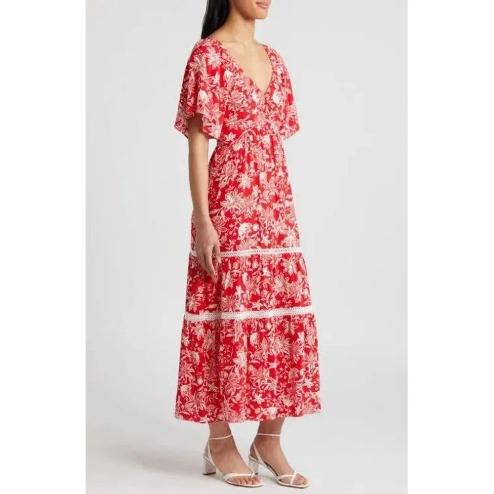 NWT Adelyn Rae Red Floral Tiered Maxi Dress Sz L Tropical Resort Vacation Boho - Picture 3 of 13